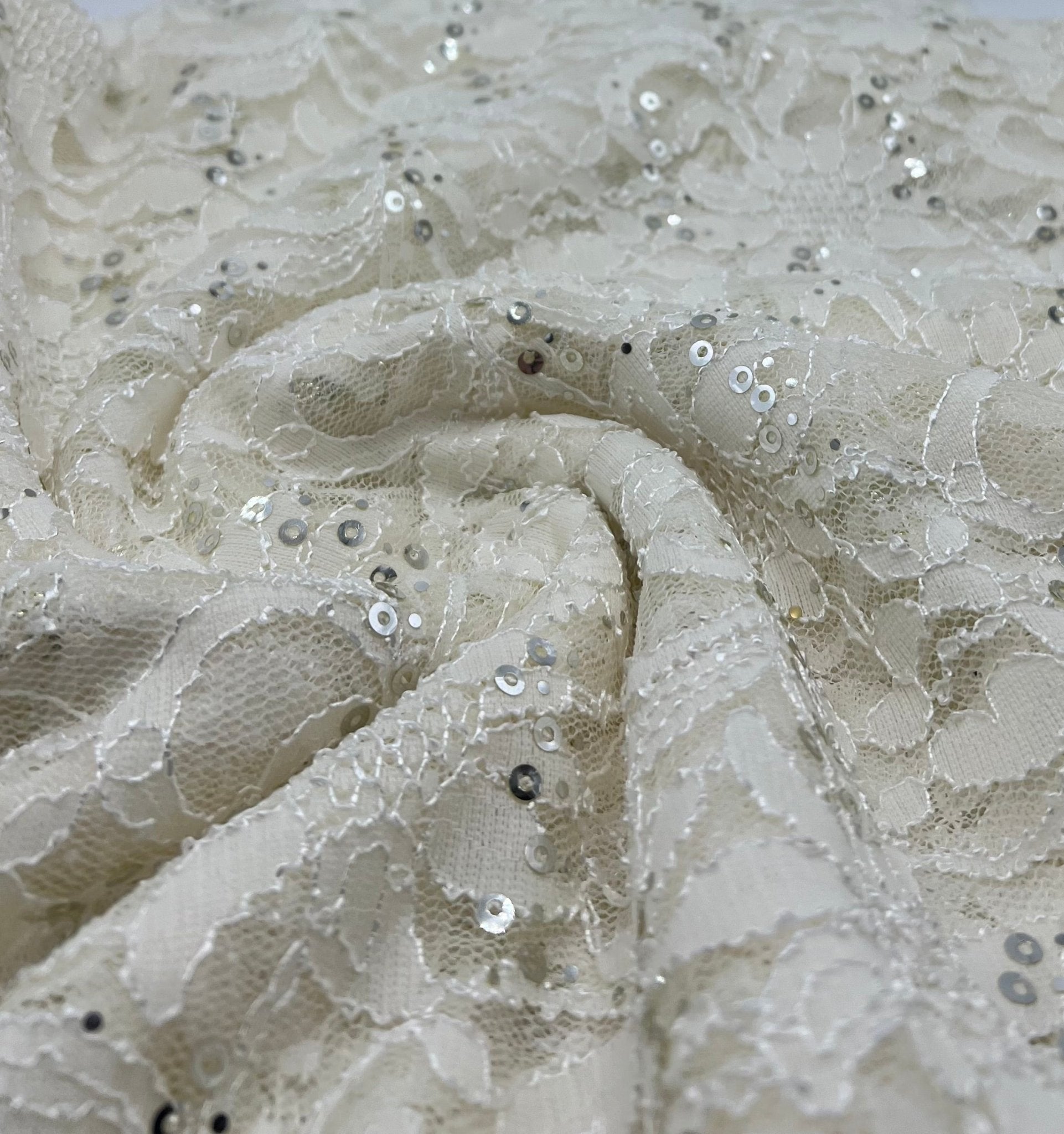 Sequin Ivory Scalloped Edge Floral Lace Fabric Stretch - T9 Fabrics